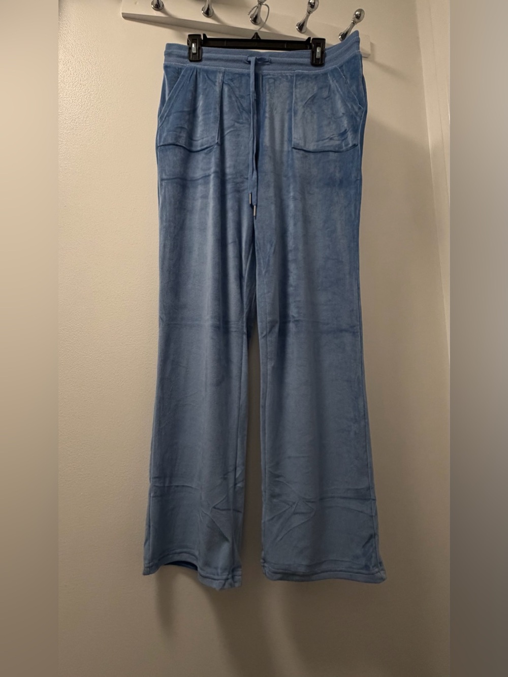 NWOT Juicy Couture Blue Velour Rhinestone Logo Wide Leg Pants L
